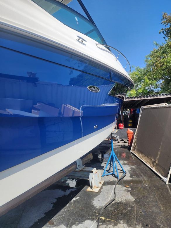 Sea Ray blue hull compounded, polished and sealed on the hard