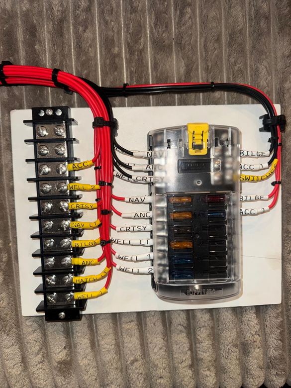 Bench-built distribution panel with a Blue Sea fuse block and every circuit individually labeled